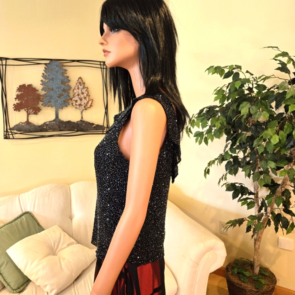 NWOT, Scala Black Beaded Silk Top with Ruffle, Formal, Party, Holiday, Size L - Picture 7 of 16